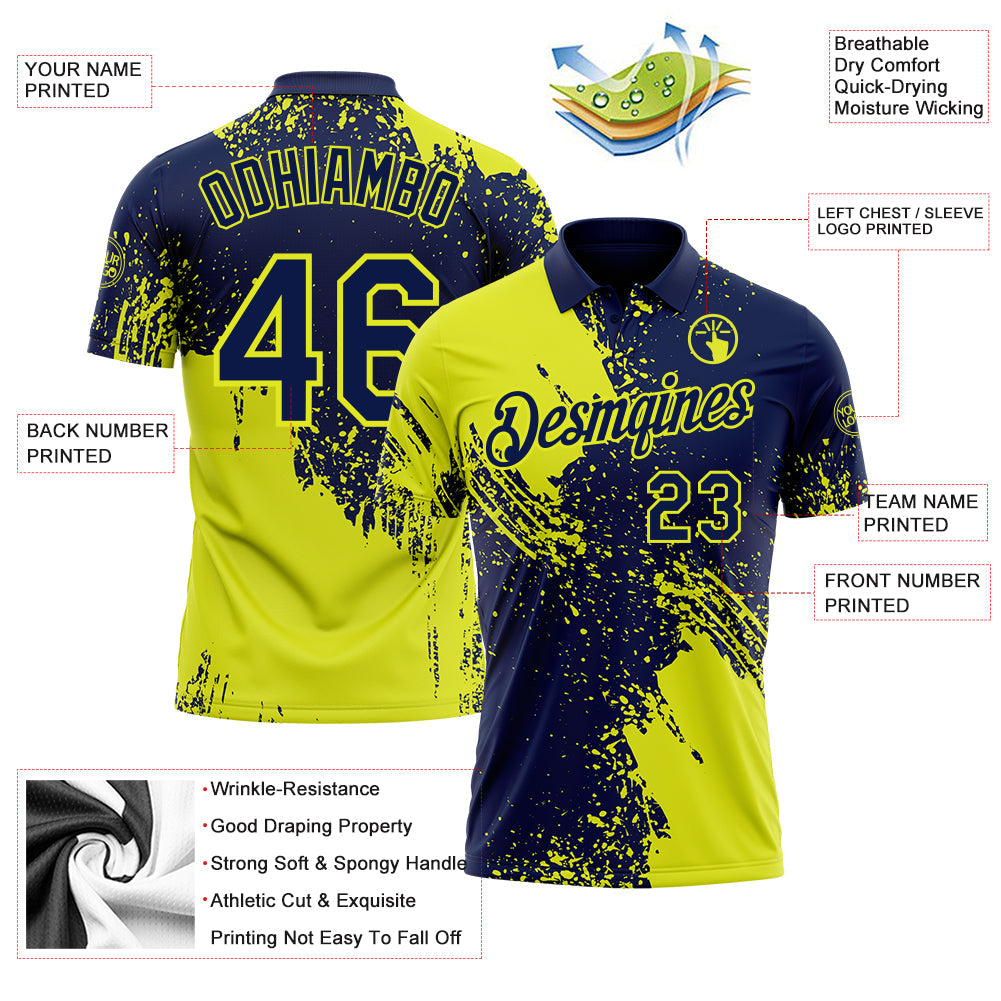 Custom Navy-Neon Yellow Distressed Scratch Brush Stroke Performance Polo Shirt view 3