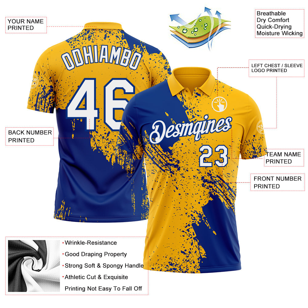 Custom Gold White-Royal Distressed Scratch Brush Stroke Performance Polo Shirt view 3