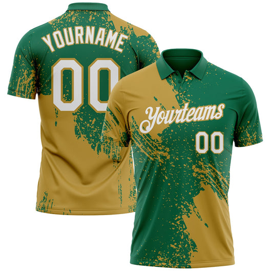 Custom Kelly Green White-Old Gold Distressed Scratch Brush Stroke Performance Polo Shirt - Main View