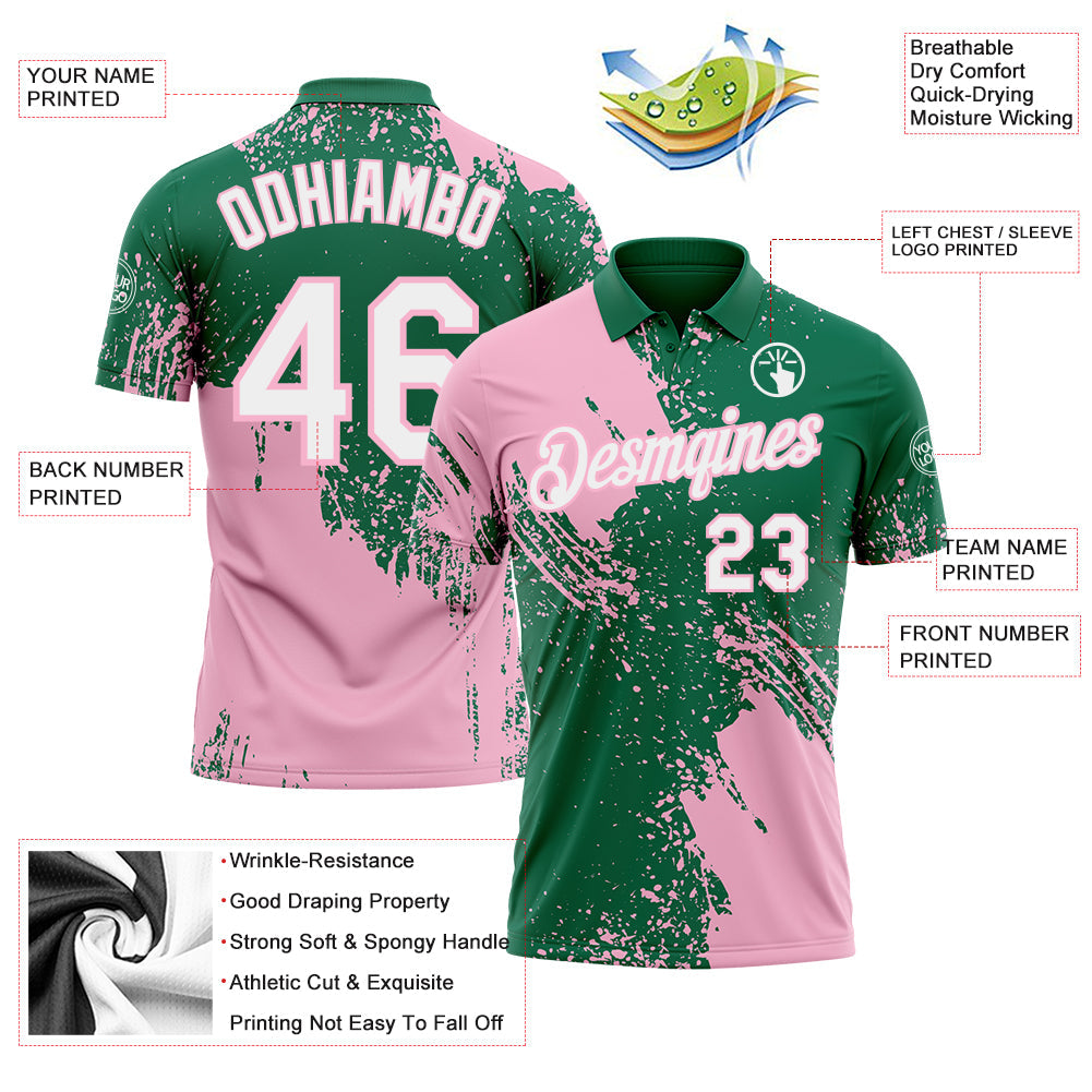 Custom Kelly Green White-Light Pink Distressed Scratch Brush Stroke Performance Polo Shirt view 3