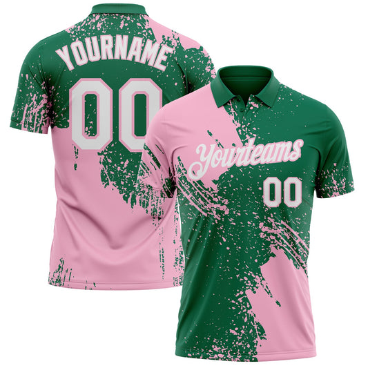 Custom Kelly Green White-Light Pink Distressed Scratch Brush Stroke Performance Polo Shirt - Main View