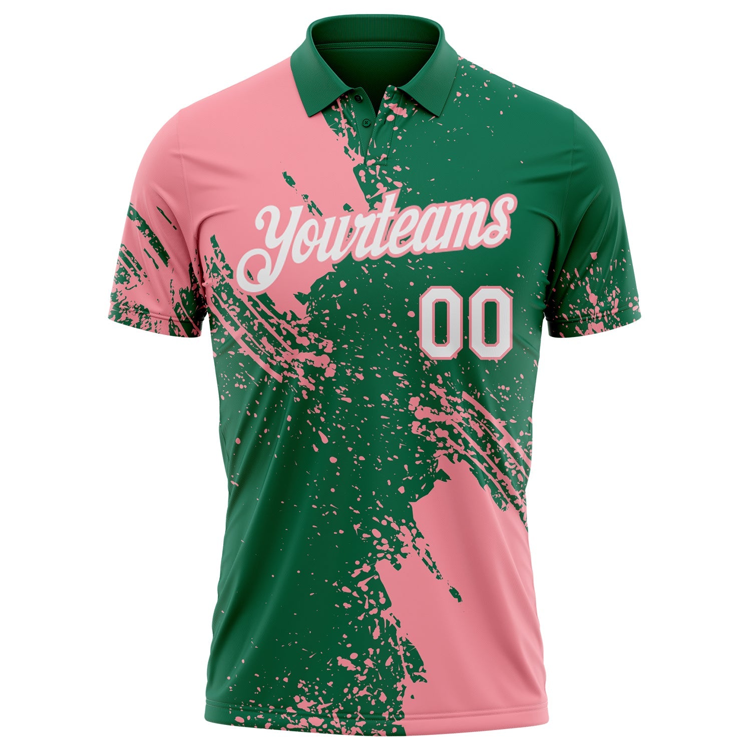 Custom Kelly Green White-Medium Pink Distressed Scratch Brush Stroke Performance Polo Shirt view 2