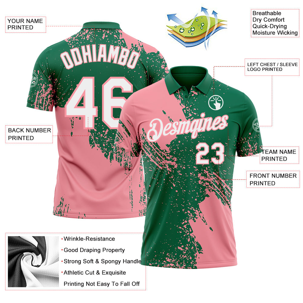 Custom Kelly Green White-Medium Pink Distressed Scratch Brush Stroke Performance Polo Shirt view 3