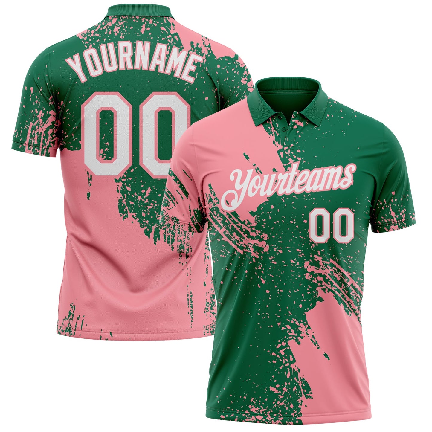 Custom Kelly Green White-Medium Pink Distressed Scratch Brush Stroke Performance Polo Shirt - Main View