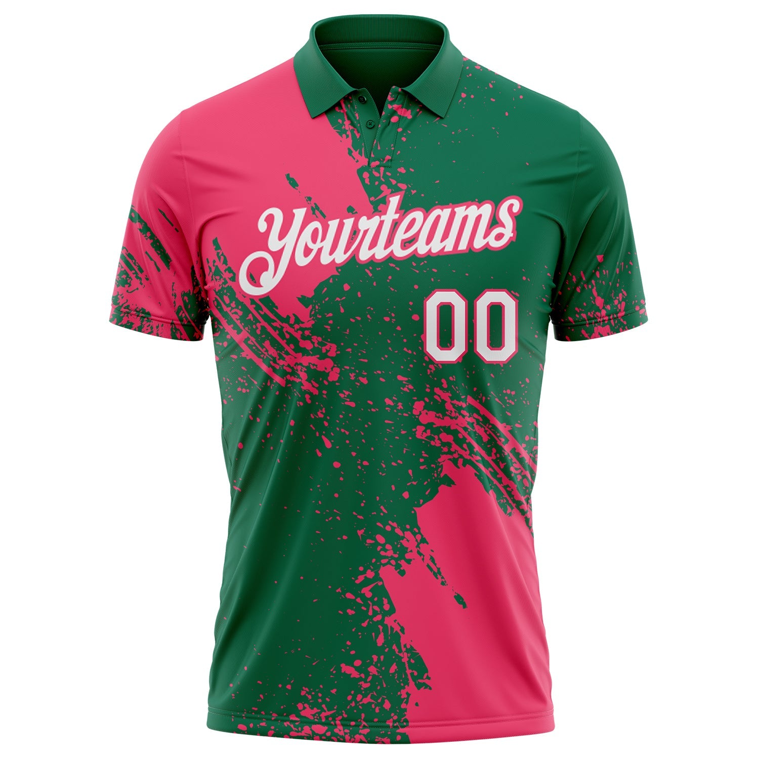 Custom Kelly Green White-Neon Pink Distressed Scratch Brush Stroke Performance Polo Shirt view 2