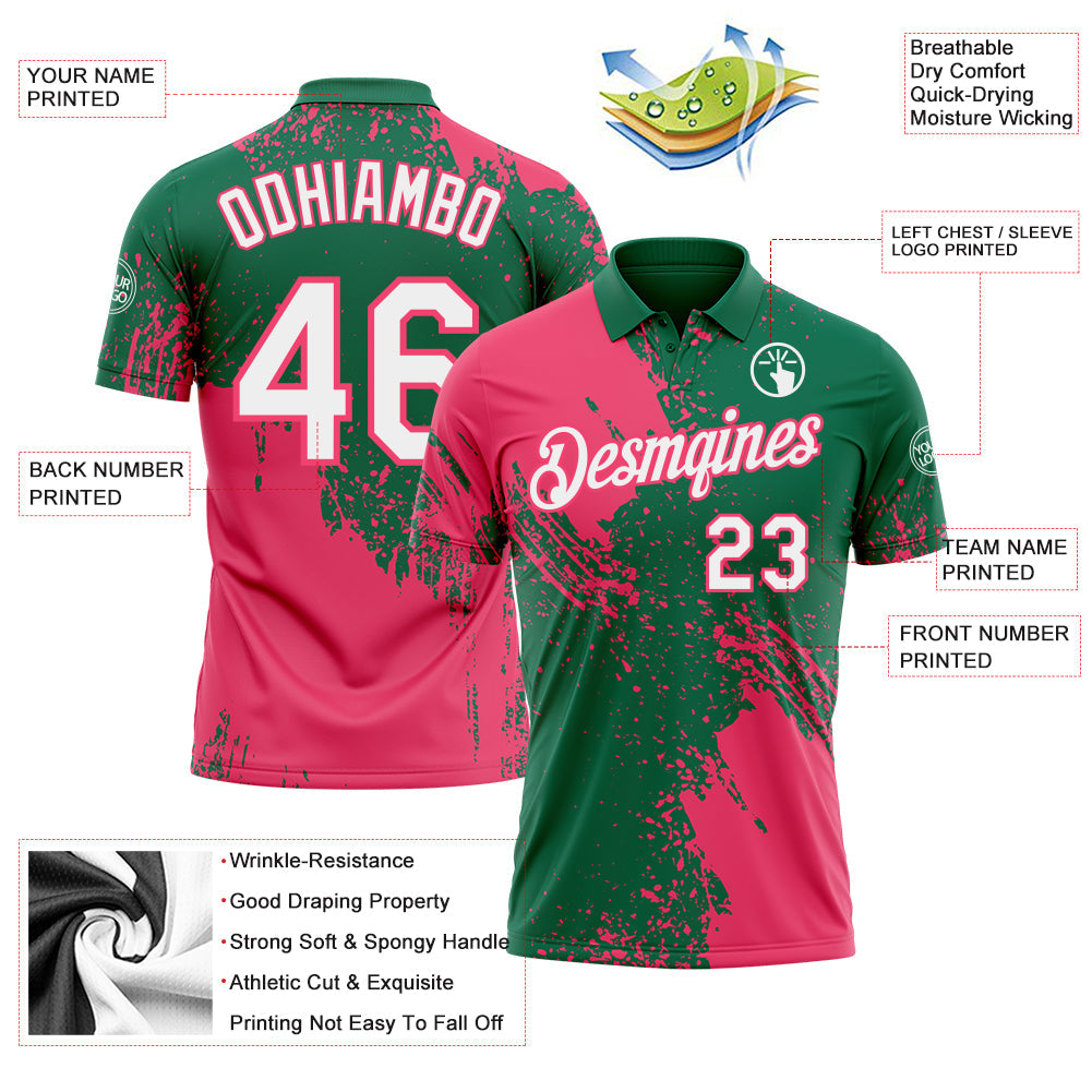 Custom Kelly Green White-Neon Pink Distressed Scratch Brush Stroke Performance Polo Shirt view 3