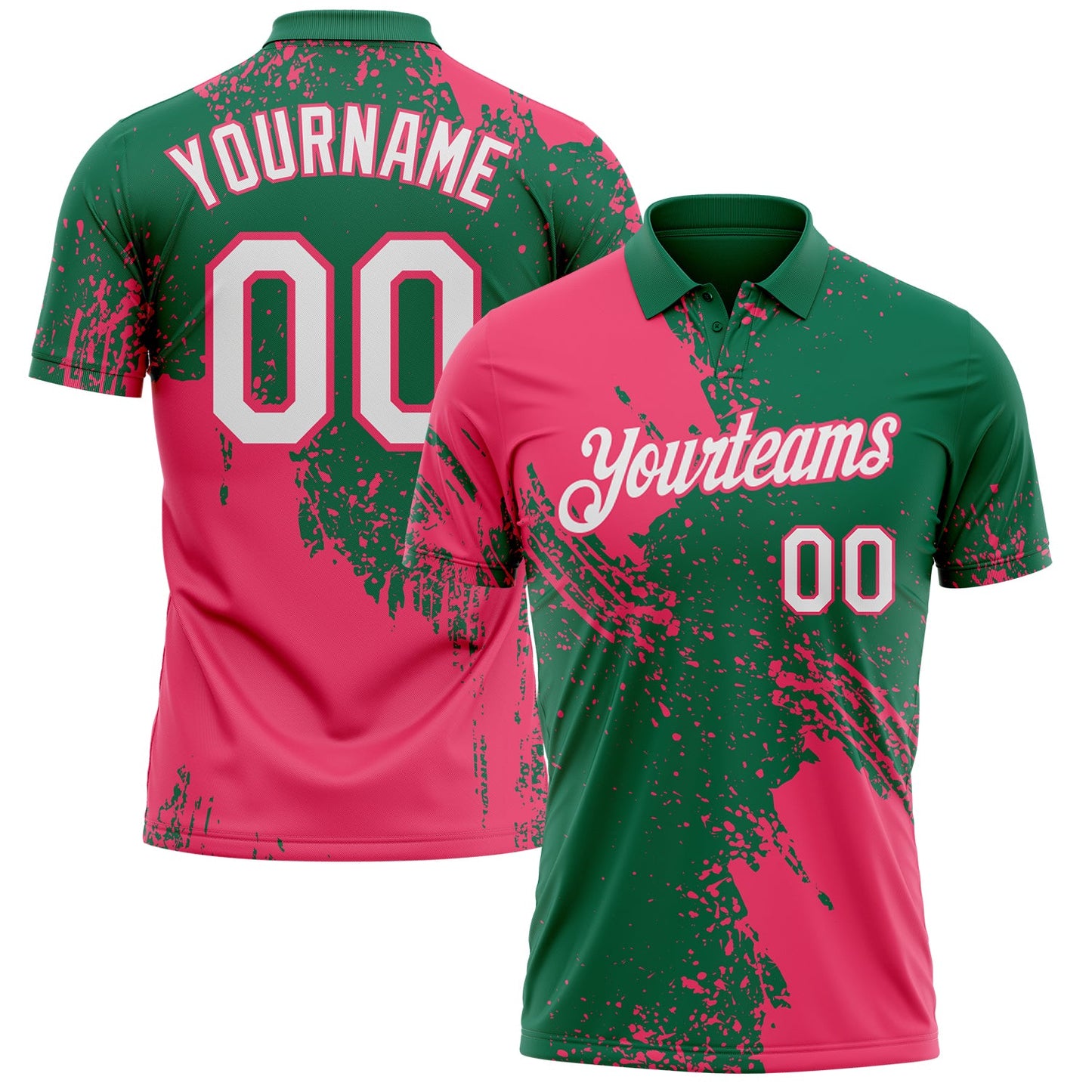 Custom Kelly Green White-Neon Pink Distressed Scratch Brush Stroke Performance Polo Shirt - Main View