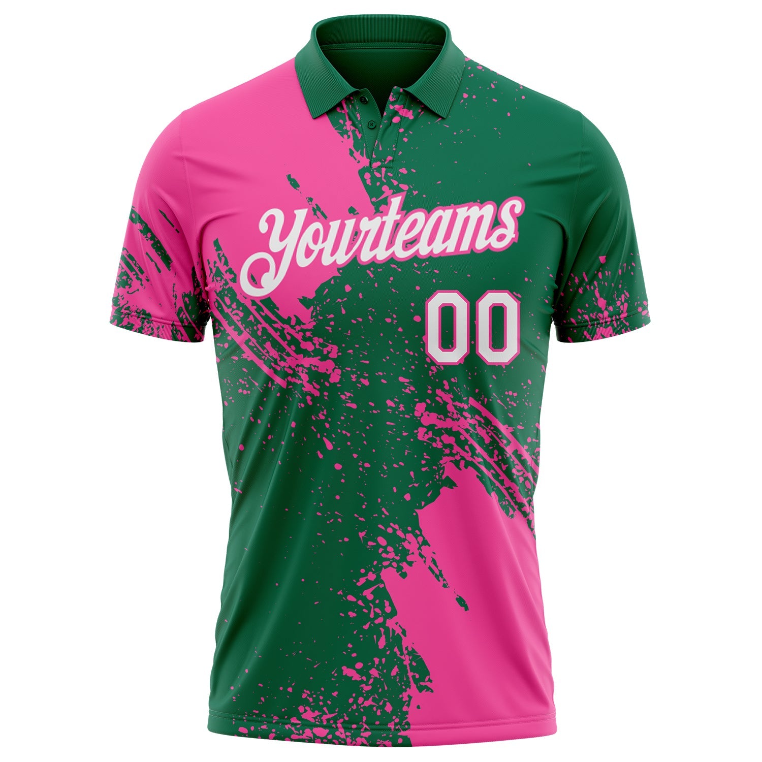 Custom Kelly Green White-Pink Distressed Scratch Brush Stroke Performance Polo Shirt view 2