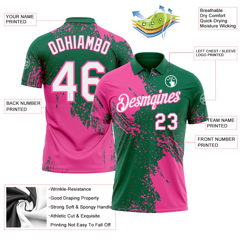 Custom Kelly Green White-Pink Distressed Scratch Brush Stroke Performance Polo Shirt view 3