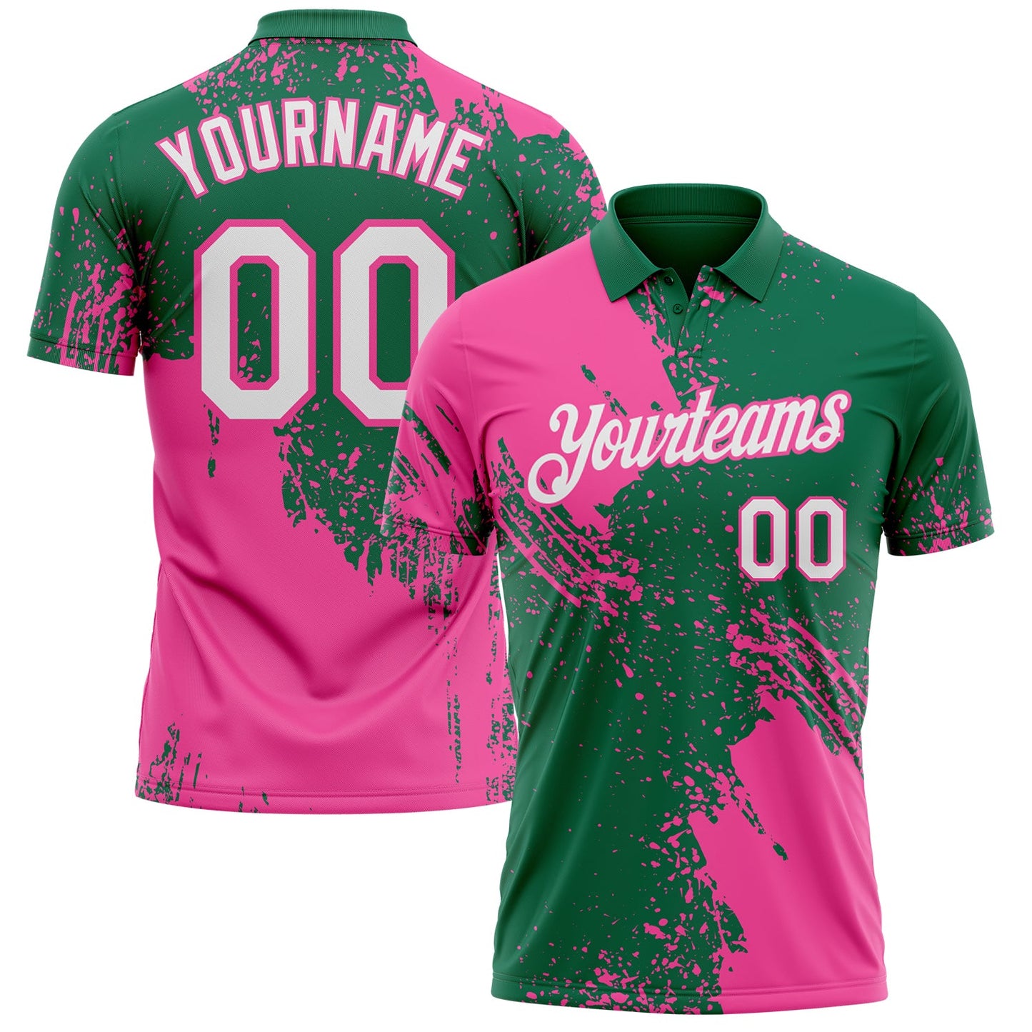 Custom Kelly Green White-Pink Distressed Scratch Brush Stroke Performance Polo Shirt - Main View