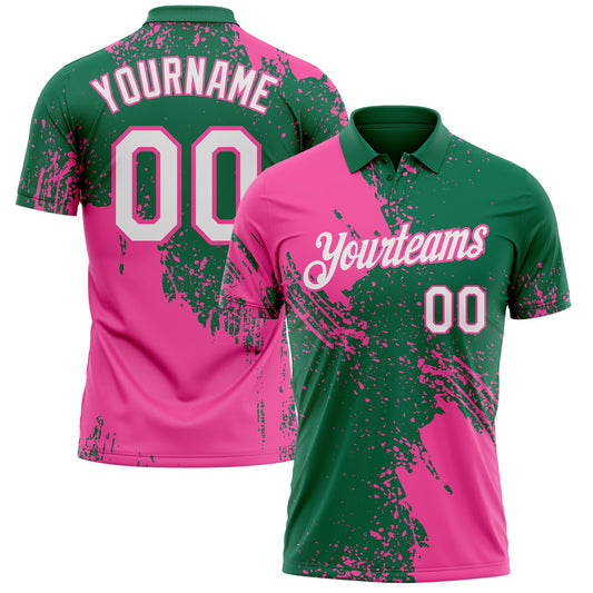 Custom Kelly Green White-Pink Distressed Scratch Brush Stroke Performance Polo Shirt - Main View