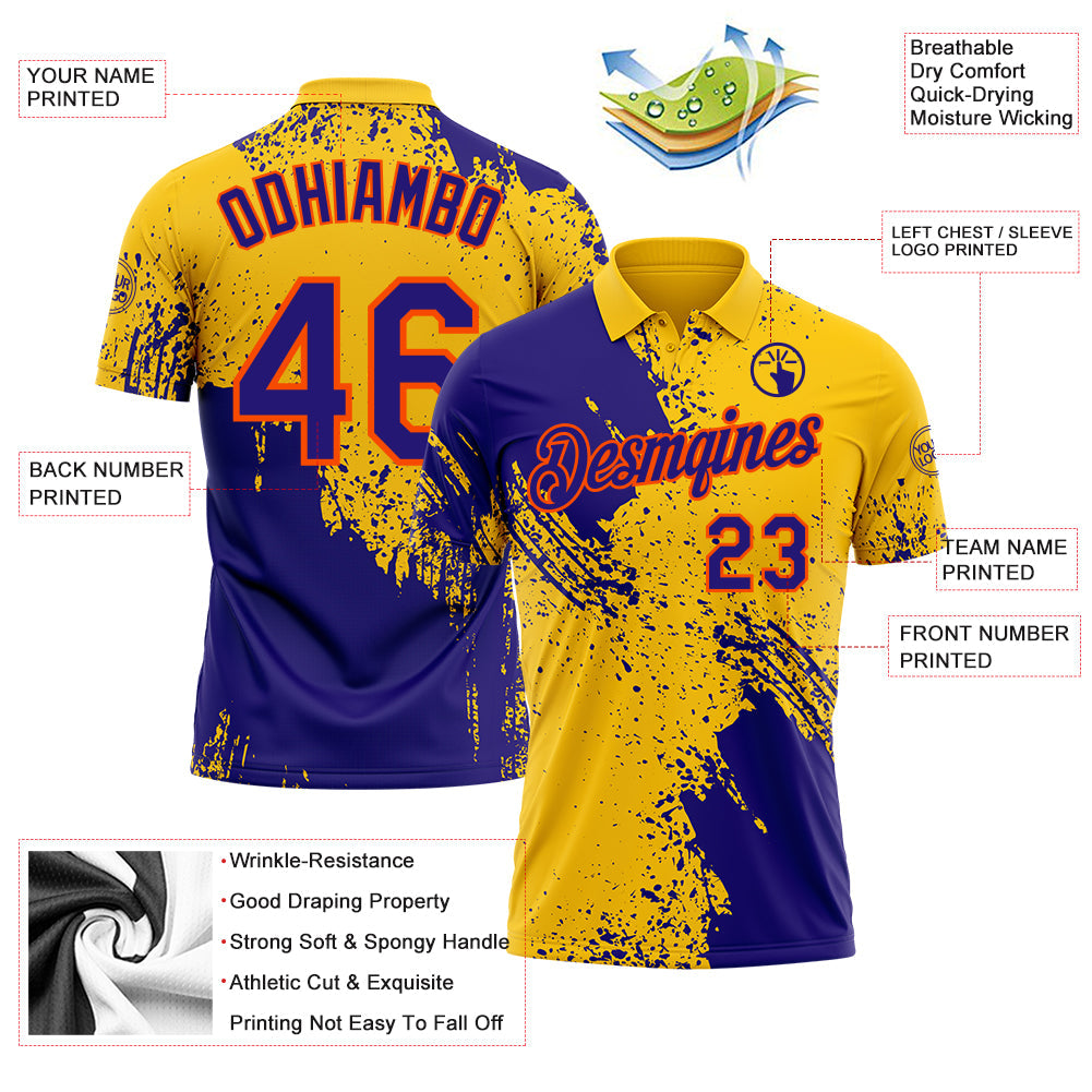 Custom Yellow Dark Purple-Orange Distressed Scratch Brush Stroke Performance Polo Shirt view 3