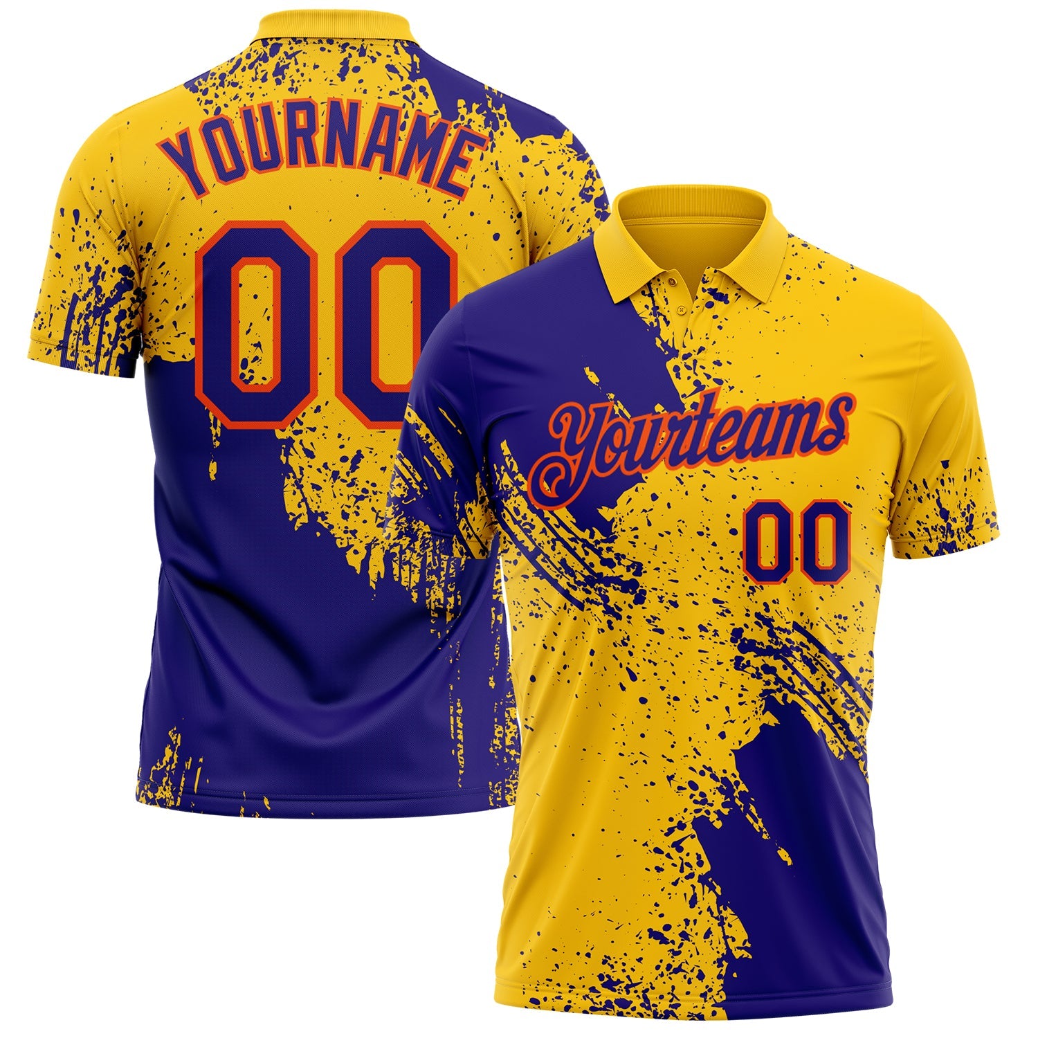 Custom Yellow Dark Purple-Orange Distressed Scratch Brush Stroke Performance Polo Shirt - Main View