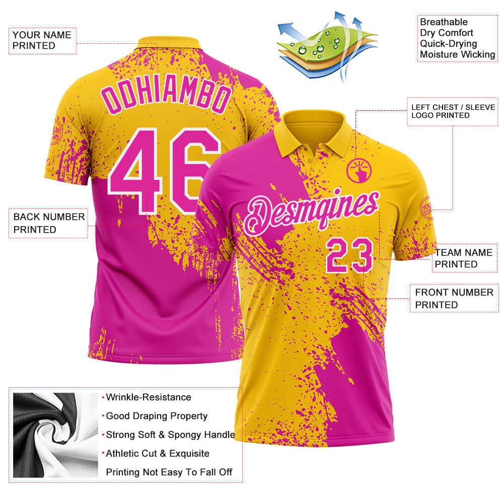 Custom Yellow Deep Pink-White Distressed Scratch Brush Stroke Performance Polo Shirt view 3