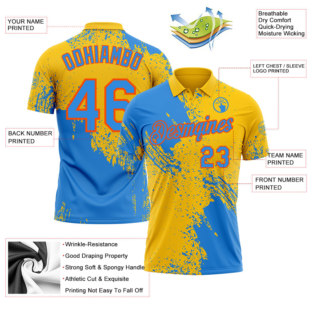 Custom Yellow Powder Blue-Orange Distressed Scratch Brush Stroke Performance Polo Shirt view 3