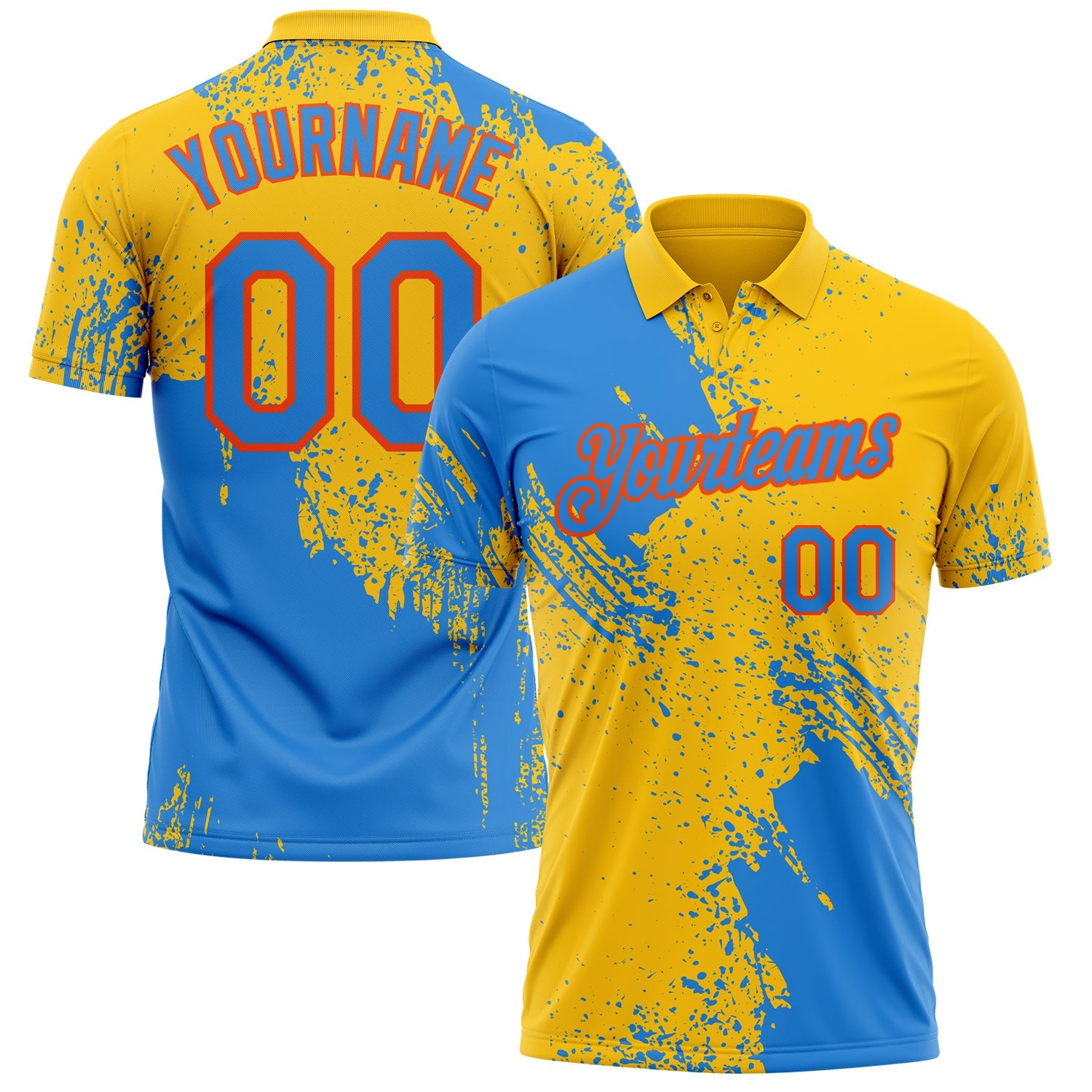 Custom Yellow Powder Blue-Orange Distressed Scratch Brush Stroke Performance Polo Shirt - Main View