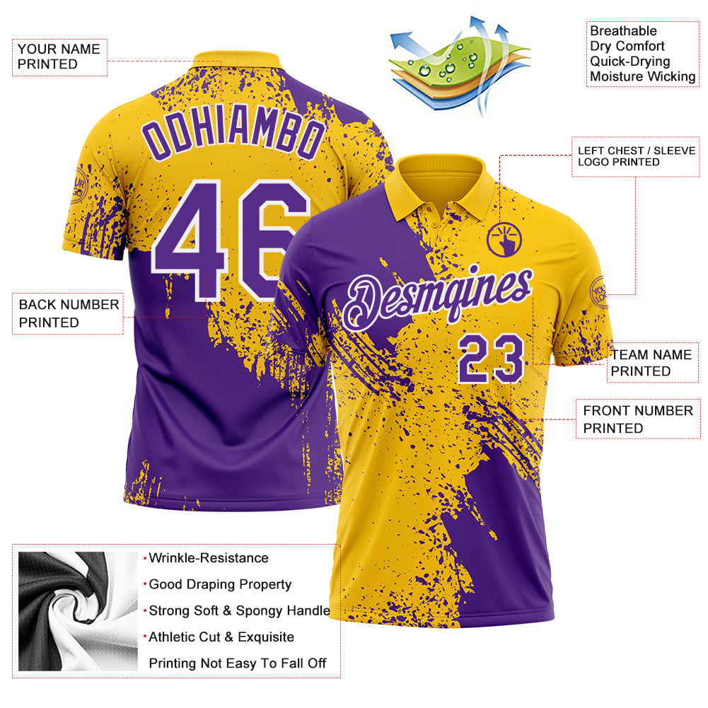 Custom Yellow Purple-White Distressed Scratch Brush Stroke Performance Polo Shirt view 3
