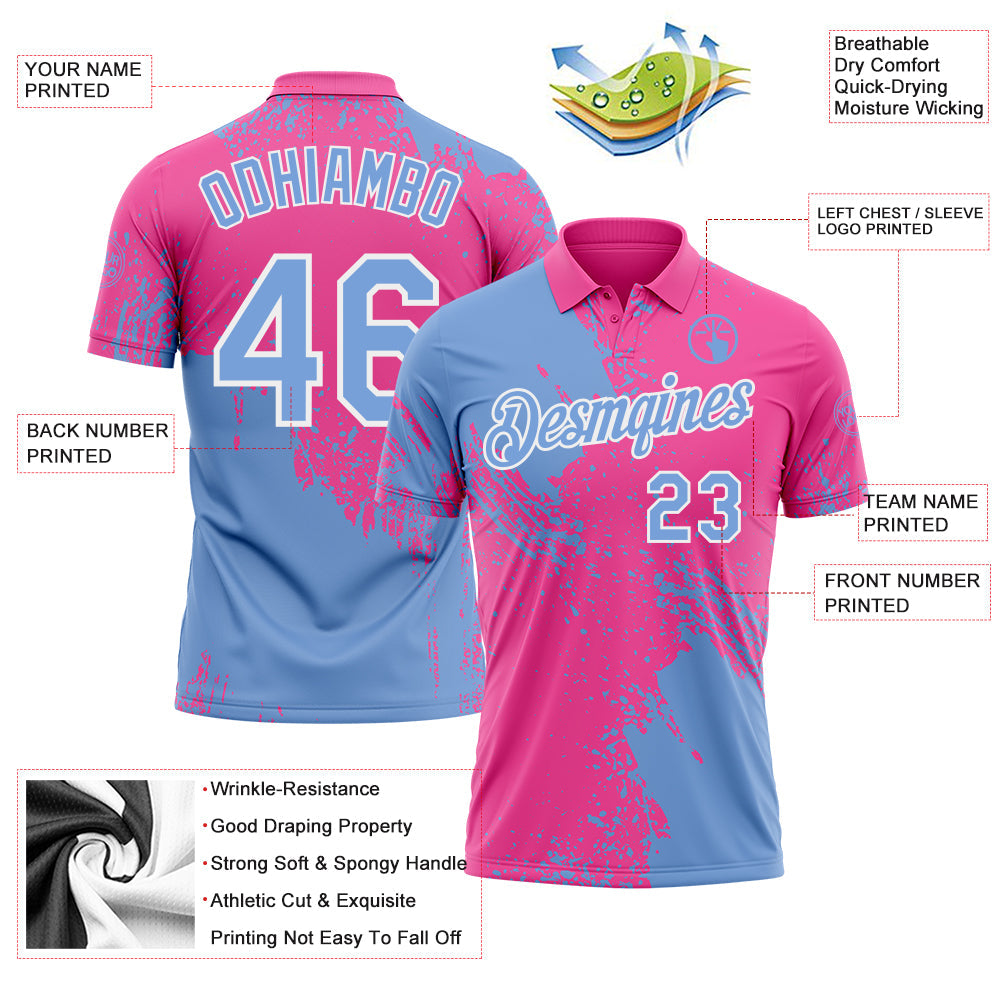 Custom Pink Light Blue-White Distressed Scratch Brush Stroke Performance Polo Shirt view 3