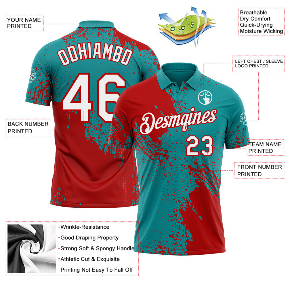 Custom Teal White-Red Distressed Scratch Brush Stroke Performance Polo Shirt view 3