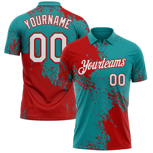 Custom Teal White-Red Distressed Scratch Brush Stroke Performance Polo Shirt - Main View