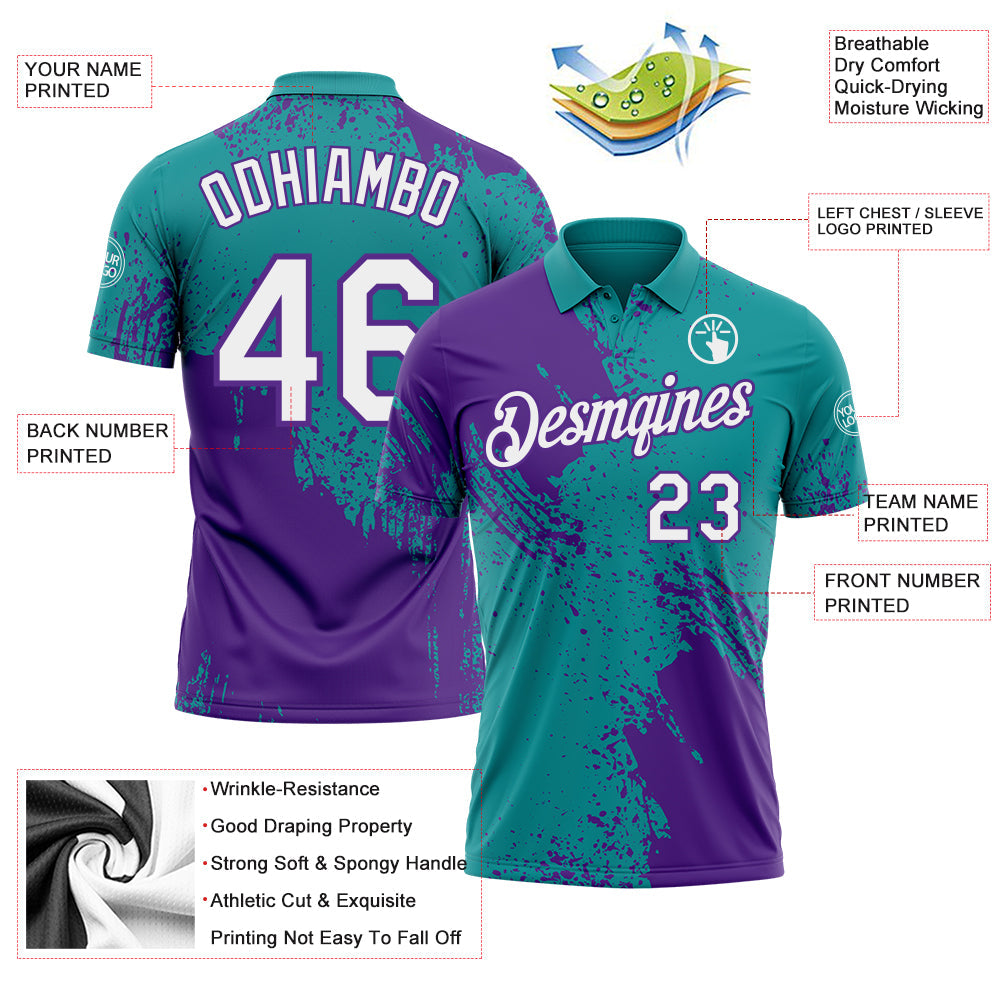 Custom Teal White-Purple Distressed Scratch Brush Stroke Performance Polo Shirt view 3