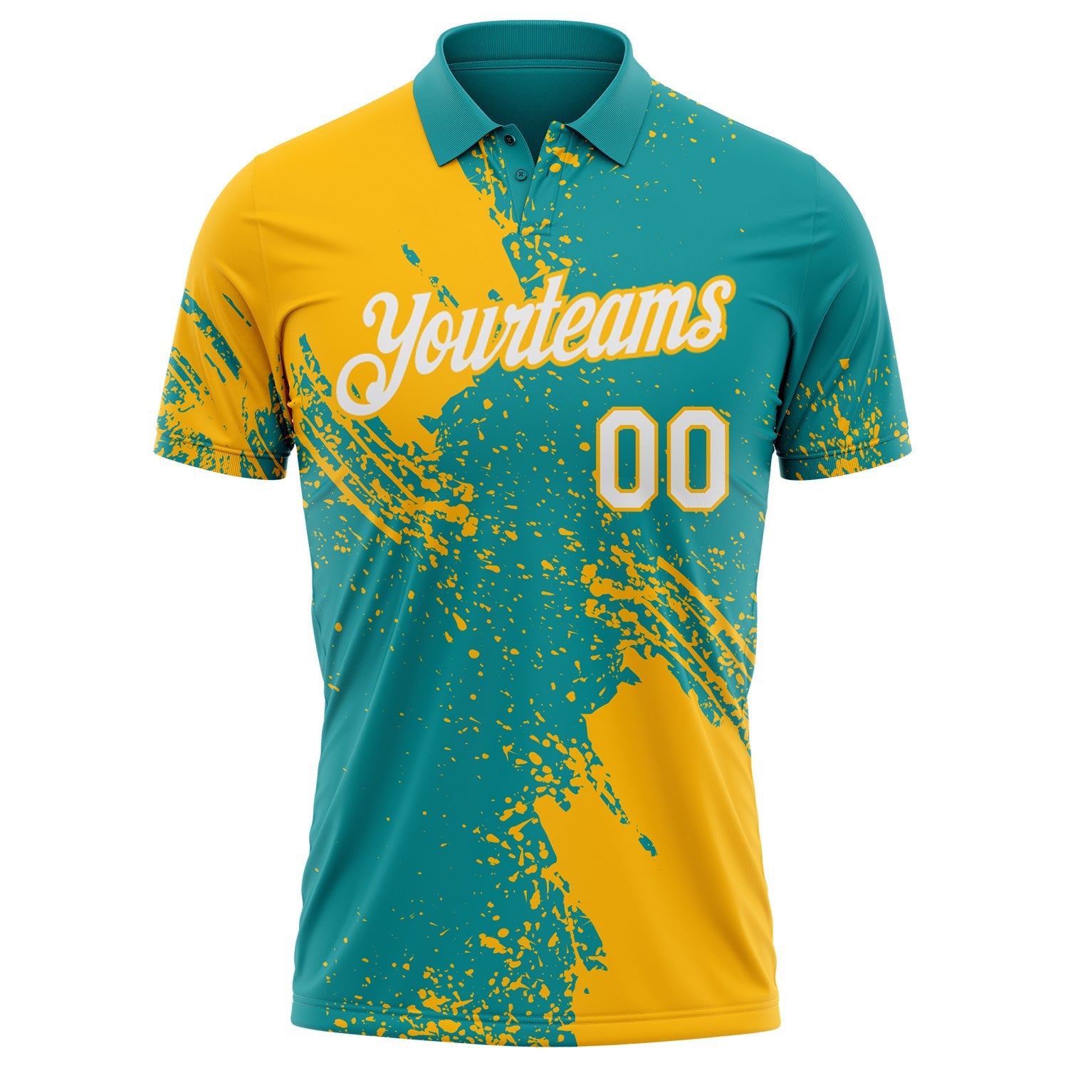 Custom Teal White-Gold Distressed Scratch Brush Stroke Performance Polo Shirt view 2