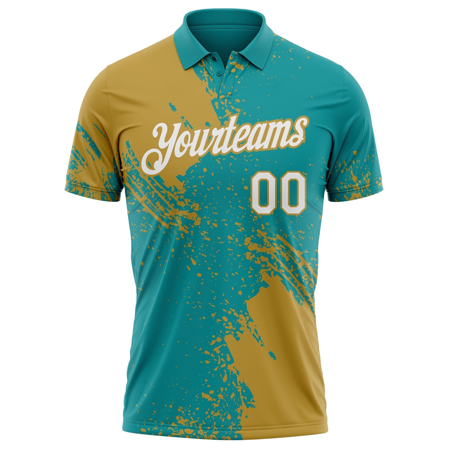 Custom Teal White-Old Gold Distressed Scratch Brush Stroke Performance Polo Shirt view 2