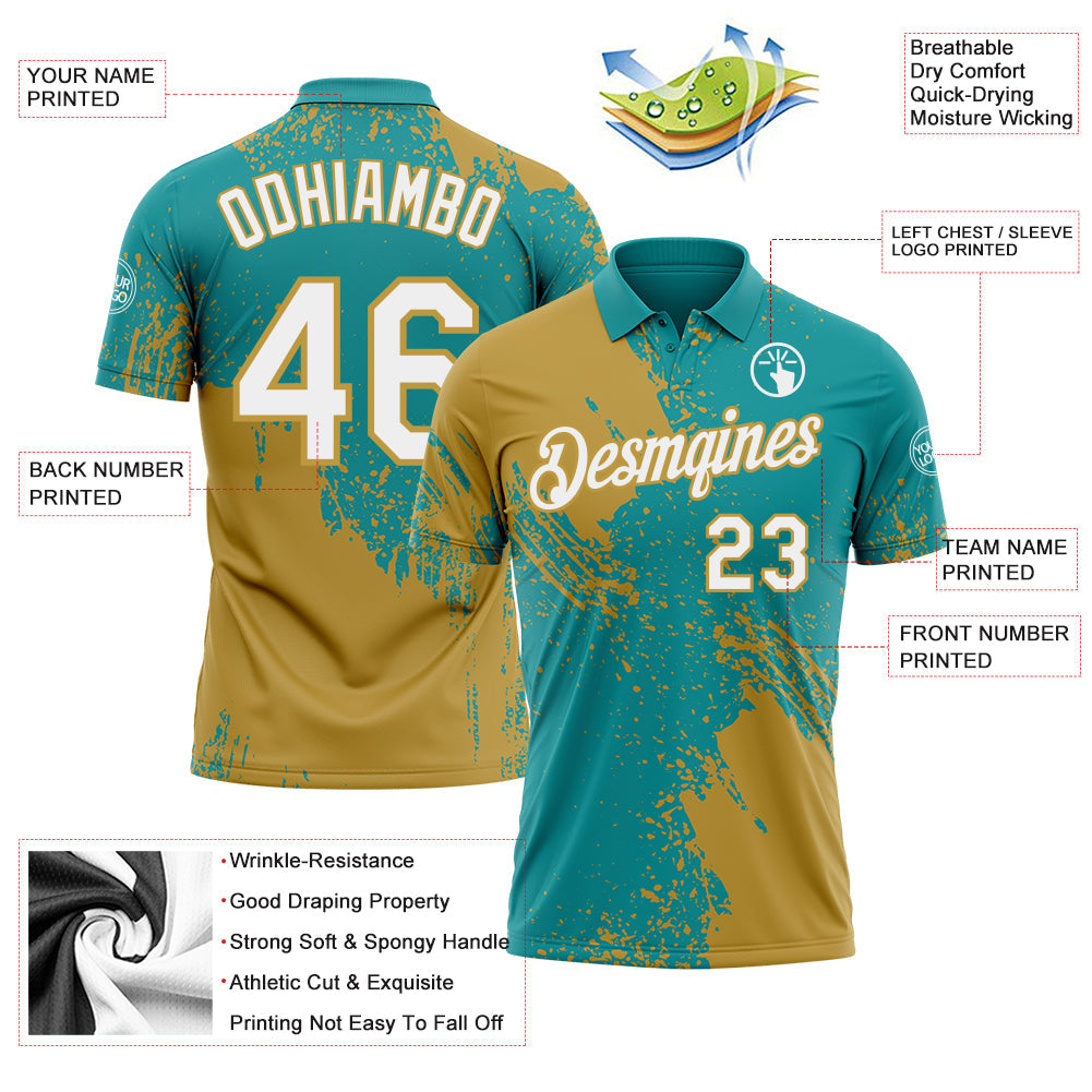 Custom Teal White-Old Gold Distressed Scratch Brush Stroke Performance Polo Shirt view 3