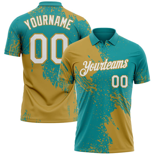 Custom Teal White-Old Gold Distressed Scratch Brush Stroke Performance Polo Shirt - Main View