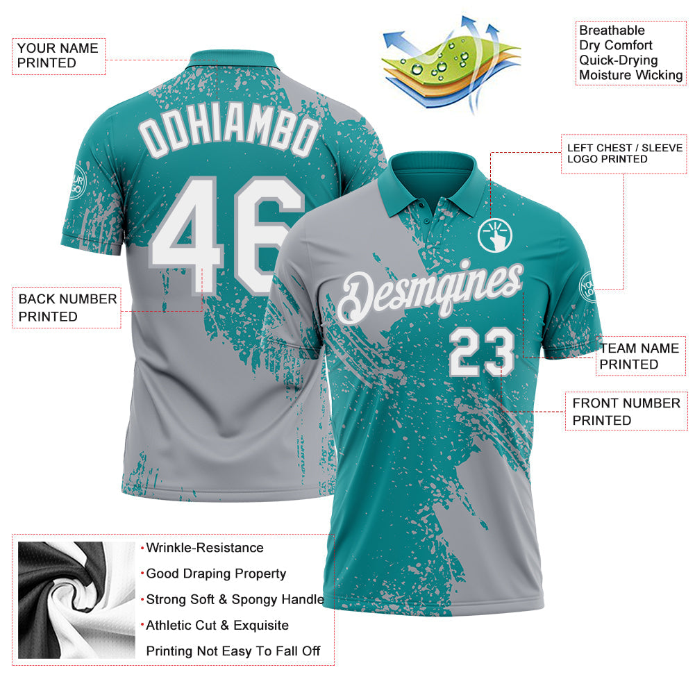 Custom Teal White-Gray Distressed Scratch Brush Stroke Performance Polo Shirt view 3