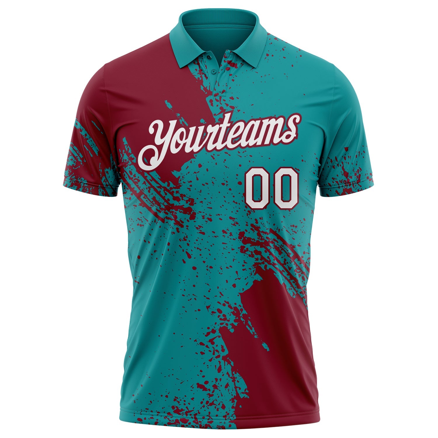 Custom Teal White-Crimson Distressed Scratch Brush Stroke Performance Polo Shirt view 2