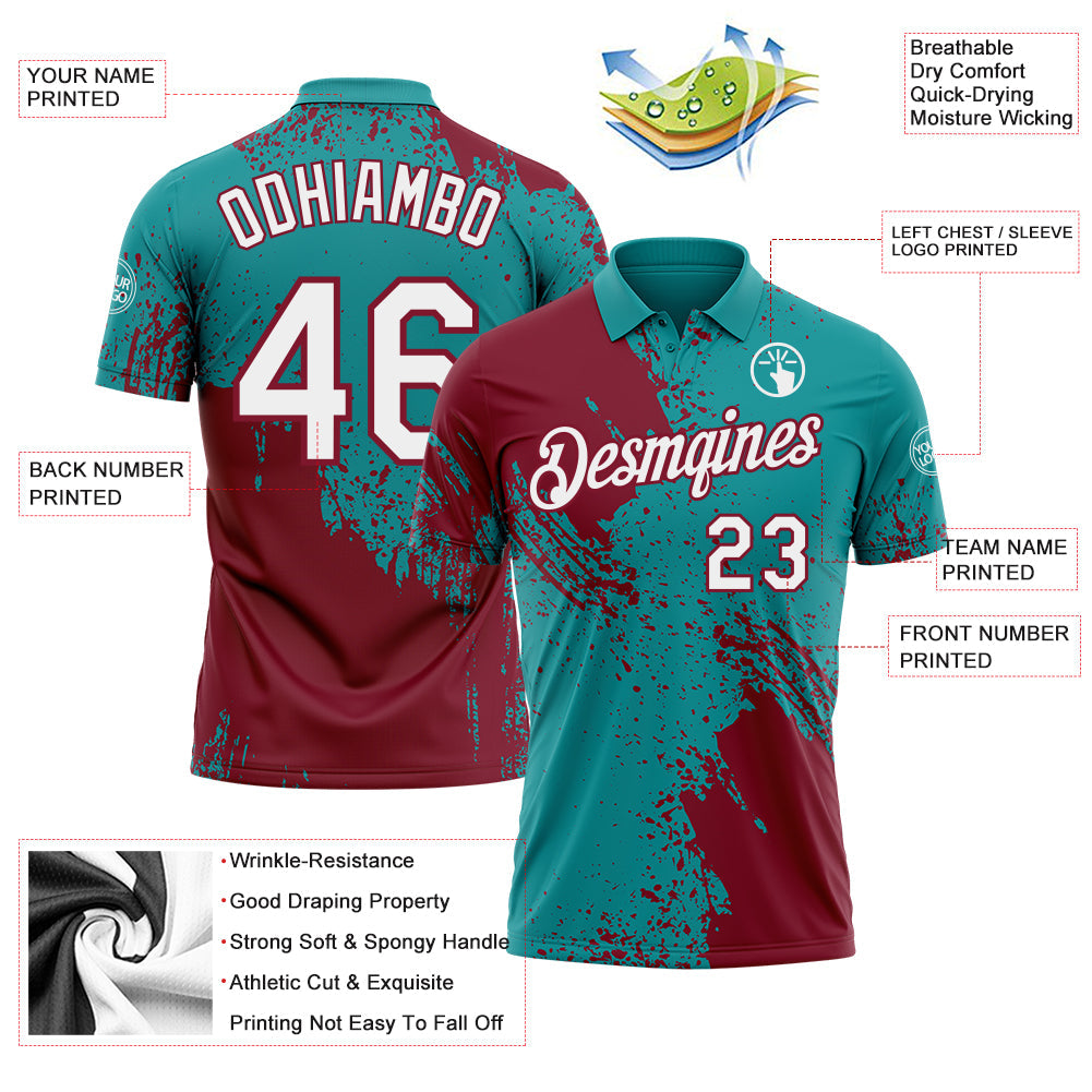 Custom Teal White-Crimson Distressed Scratch Brush Stroke Performance Polo Shirt view 3
