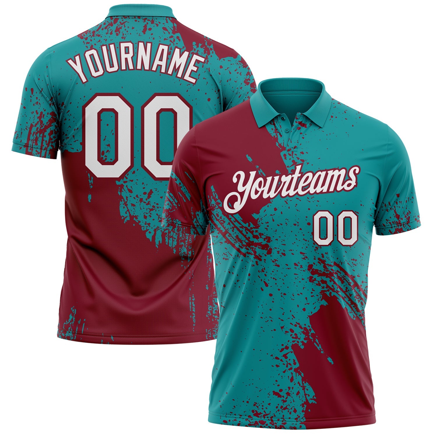 Custom Teal White-Crimson Distressed Scratch Brush Stroke Performance Polo Shirt - Main View