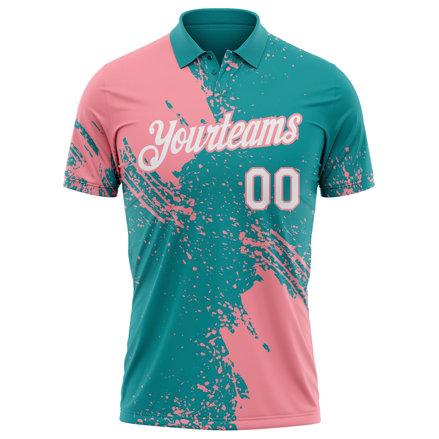 Custom Teal White-Medium Pink Distressed Scratch Brush Stroke Performance Polo Shirt view 2