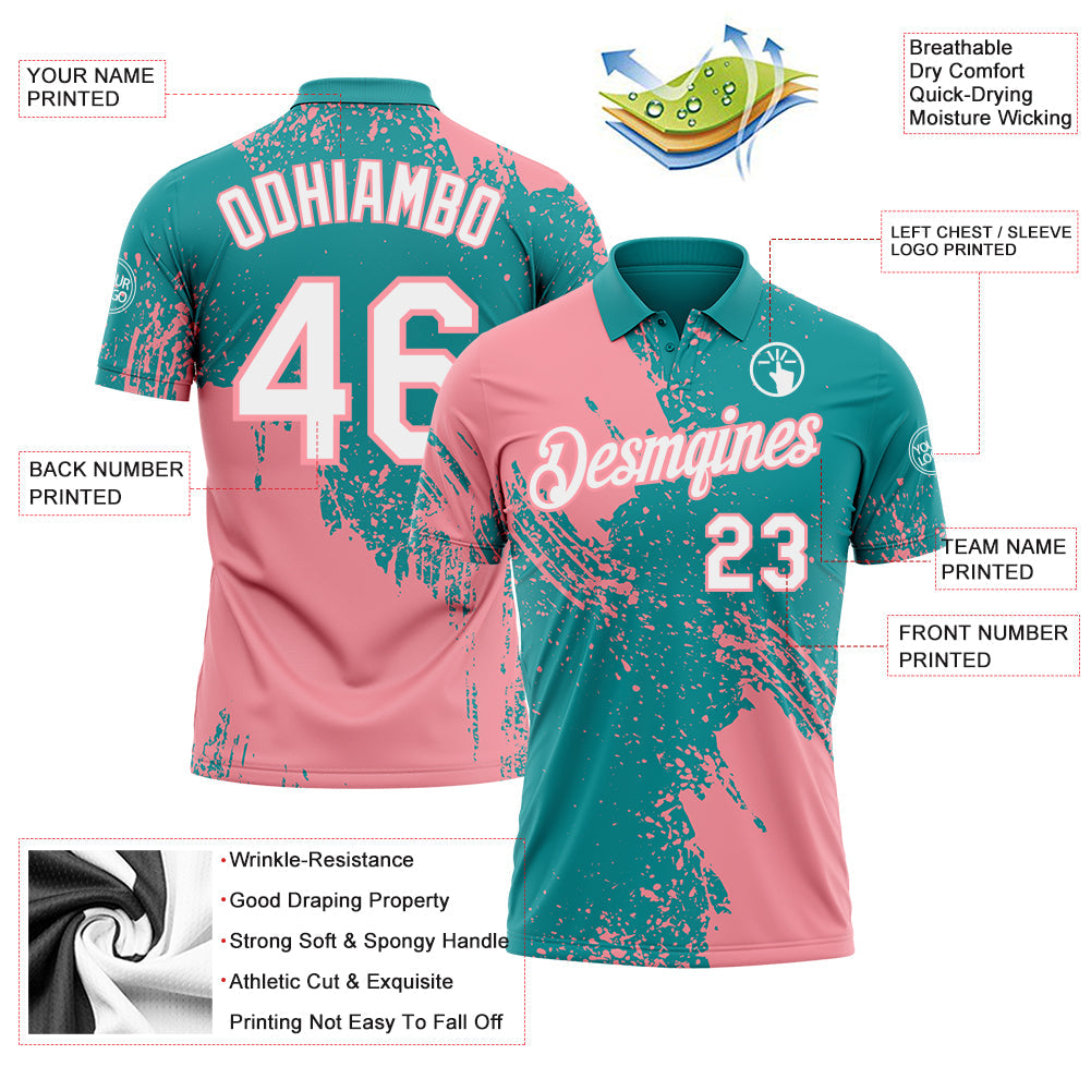 Custom Teal White-Medium Pink Distressed Scratch Brush Stroke Performance Polo Shirt view 3