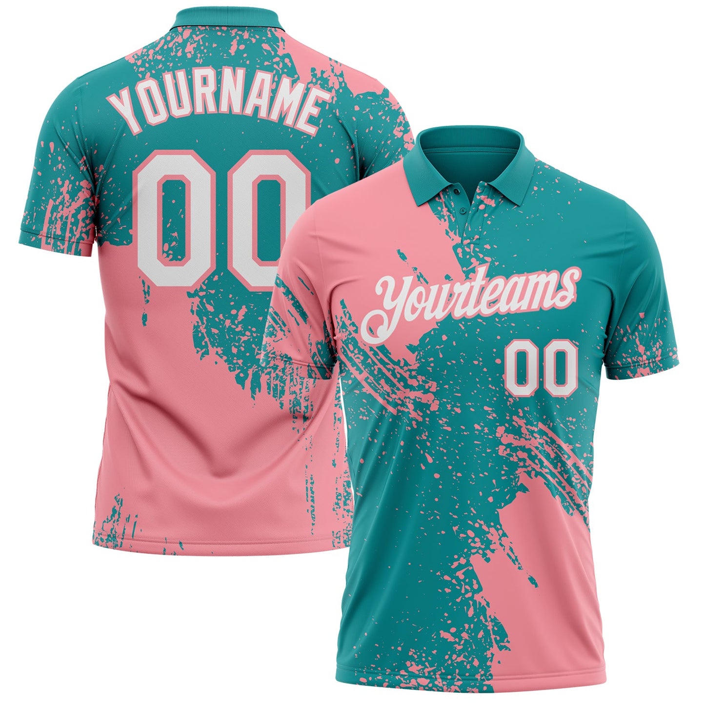 Custom Teal White-Medium Pink Distressed Scratch Brush Stroke Performance Polo Shirt - Main View