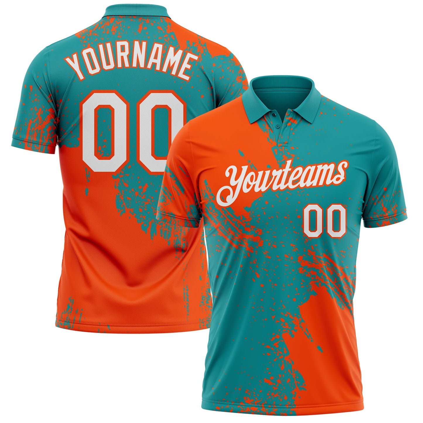 Custom Teal White-Orange Distressed Scratch Brush Stroke Performance Polo Shirt - Main View