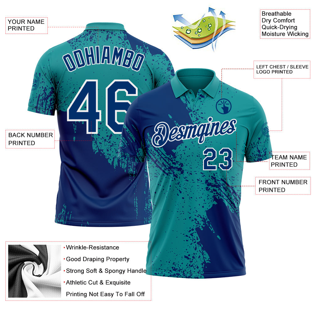 Custom Teal US Navy Blue-White Distressed Scratch Brush Stroke Performance Polo Shirt view 3