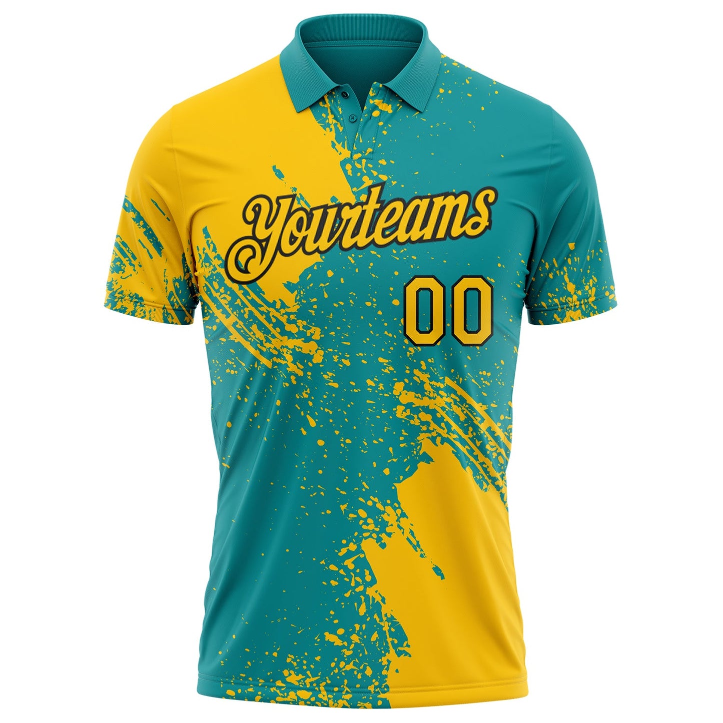 Custom Teal Yellow-Black Distressed Scratch Brush Stroke Performance Polo Shirt view 2