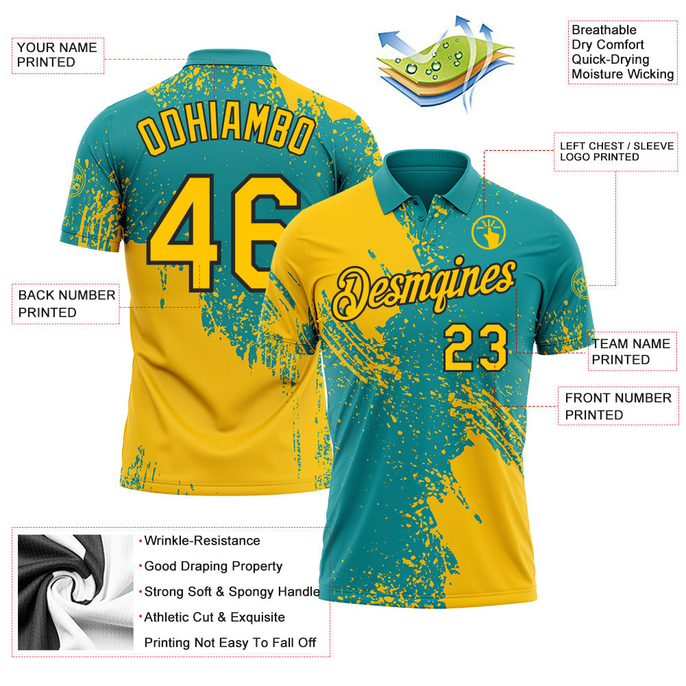 Custom Teal Yellow-Black Distressed Scratch Brush Stroke Performance Polo Shirt view 3