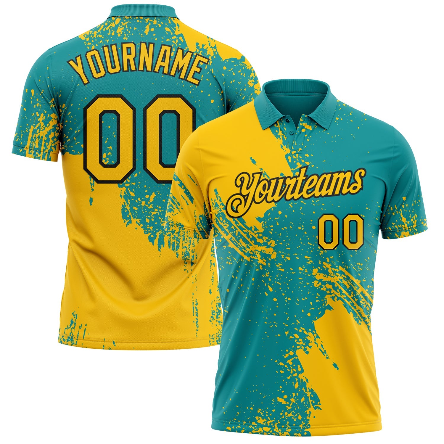 Custom Teal Yellow-Black Distressed Scratch Brush Stroke Performance Polo Shirt - Main View