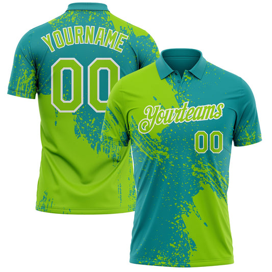 Custom Teal Neon Green-White Distressed Scratch Brush Stroke Performance Polo Shirt - Main View