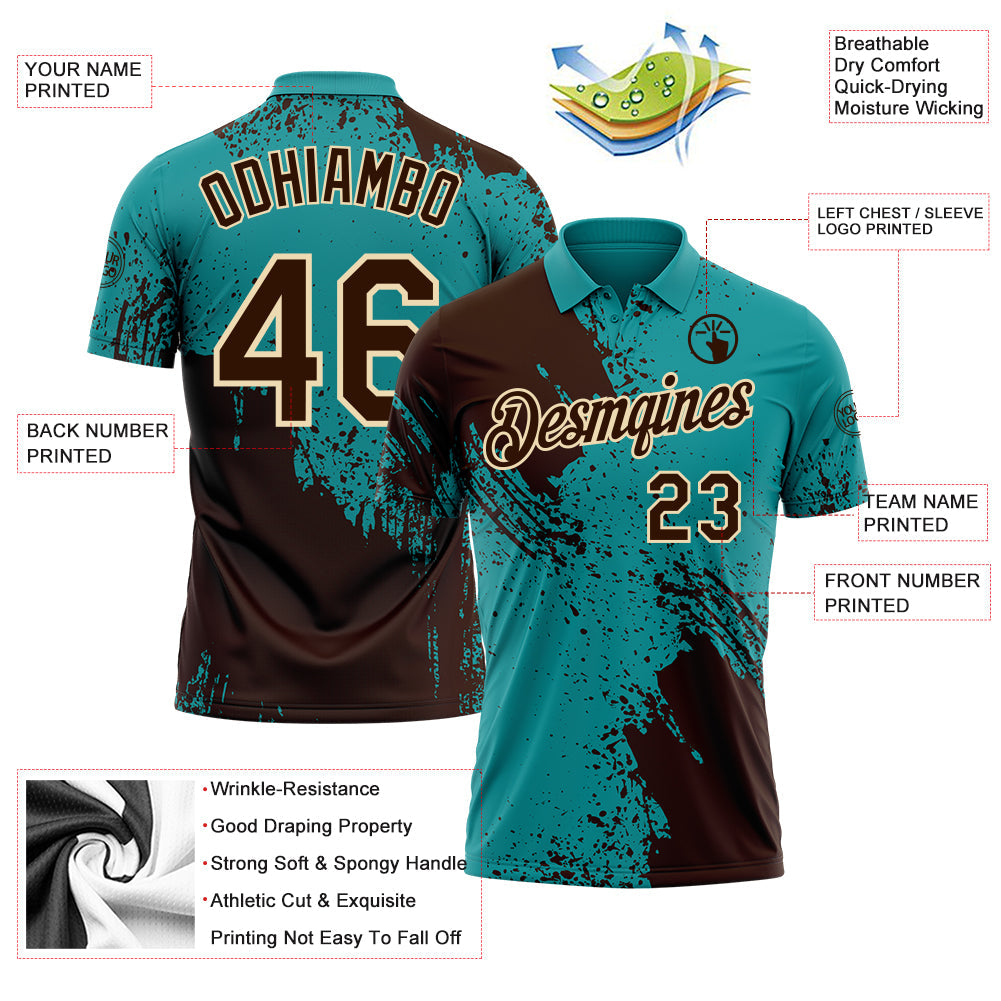 Custom Teal Brown-Cream Distressed Scratch Brush Stroke Performance Polo Shirt view 3