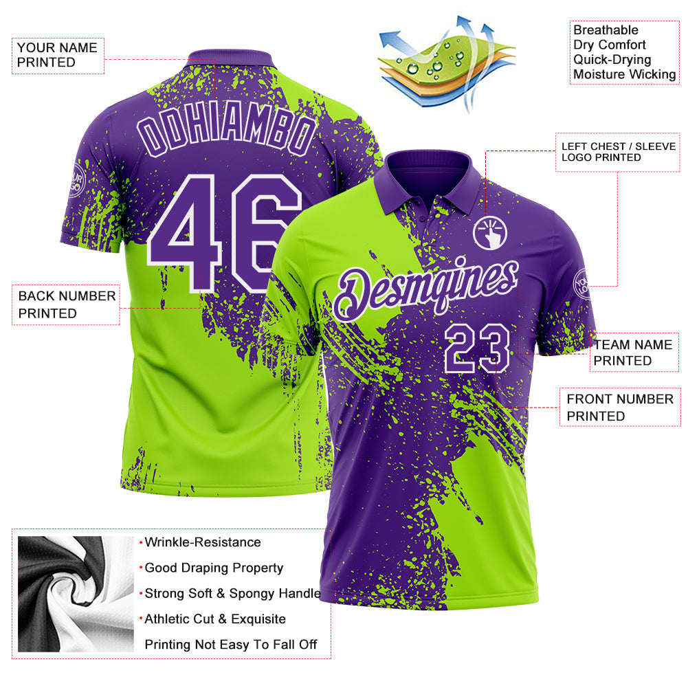Custom Purple Neon Green-White Distressed Scratch Brush Stroke Performance Polo Shirt view 3