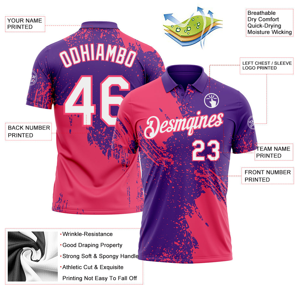 Custom Purple White-Neon Pink Distressed Scratch Brush Stroke Performance Polo Shirt view 3