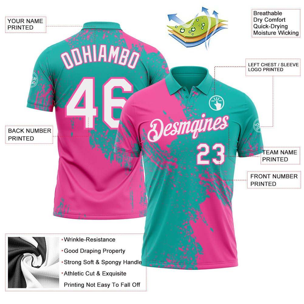 Custom Aqua White-Pink Distressed Scratch Brush Stroke Performance Polo Shirt view 3
