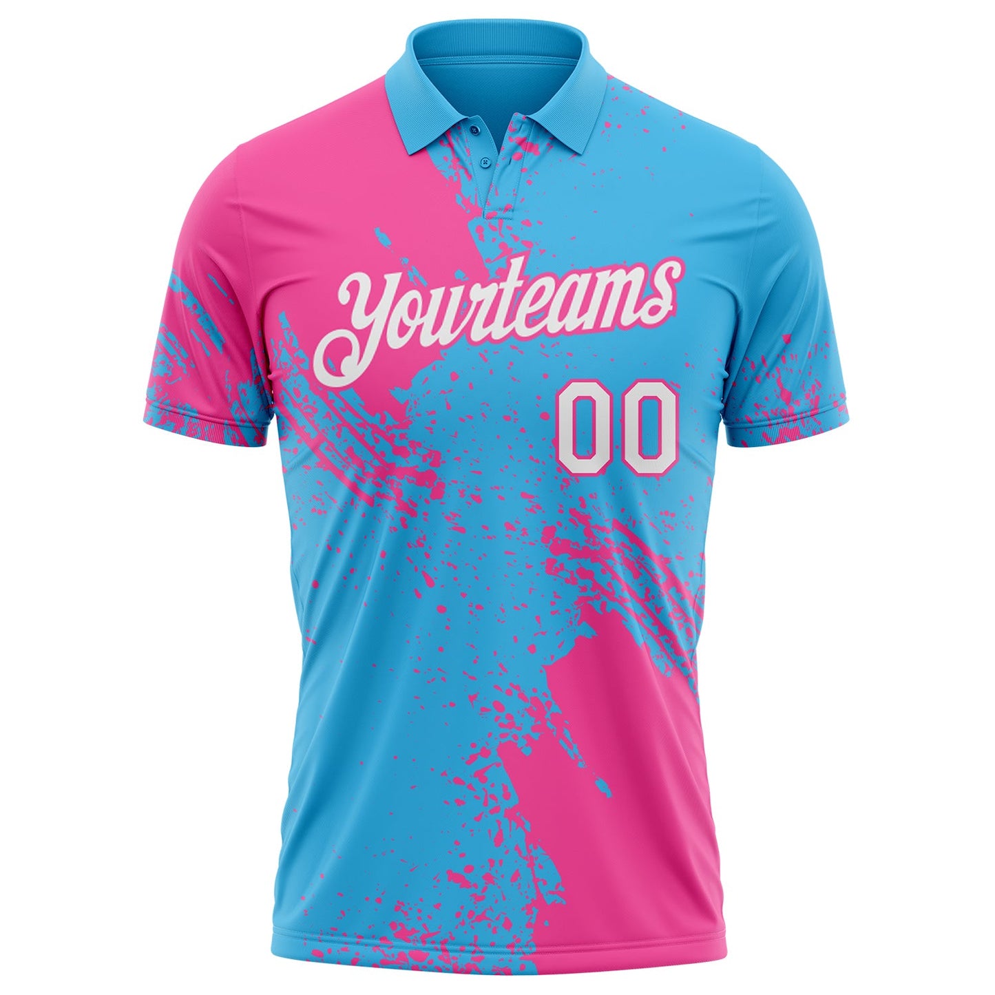 Custom Sky Blue White-Pink Distressed Scratch Brush Stroke Performance Polo Shirt view 2