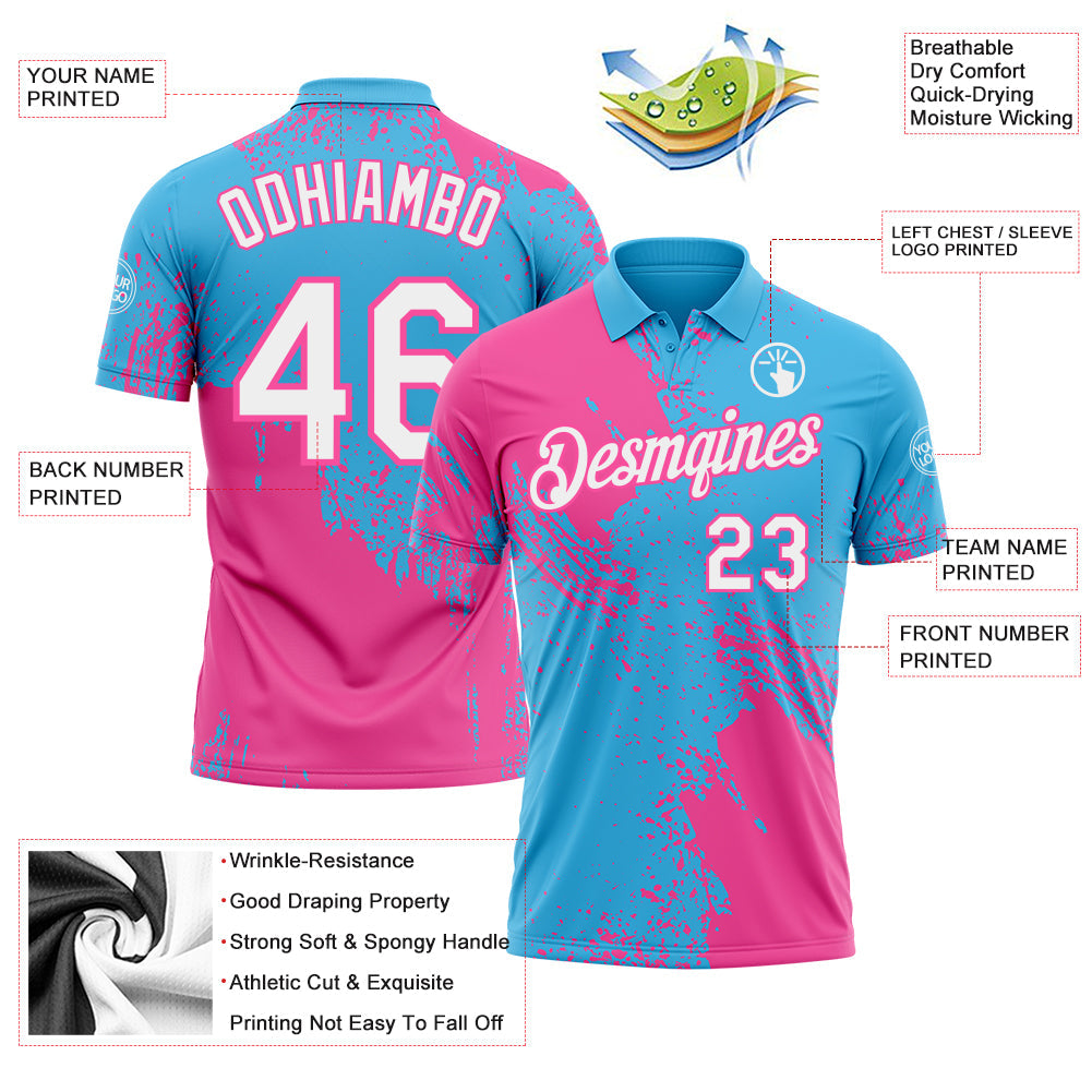 Custom Sky Blue White-Pink Distressed Scratch Brush Stroke Performance Polo Shirt view 3