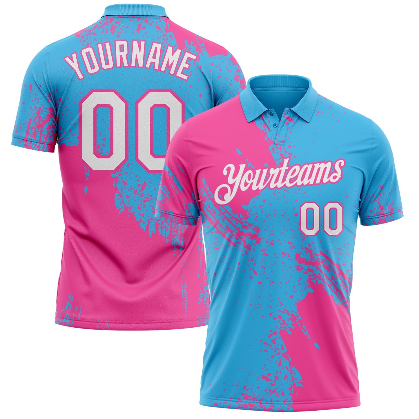 Custom Sky Blue White-Pink Distressed Scratch Brush Stroke Performance Polo Shirt - Main View