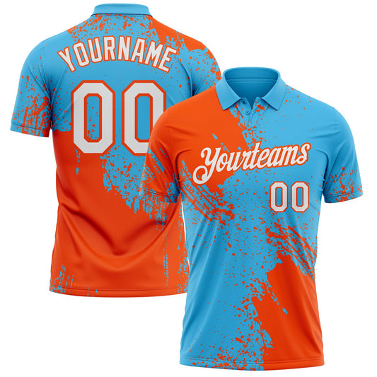 Custom Sky Blue White-Orange Distressed Scratch Brush Stroke Performance Polo Shirt - Main View